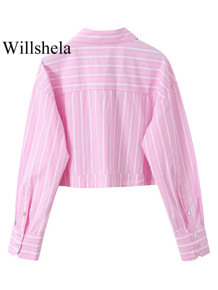 Willshela Women Fashion With Pockets Striped Single Breasted Blouse Vintage Lapel Neck Long Sleeves Female Chic Lady Shirts