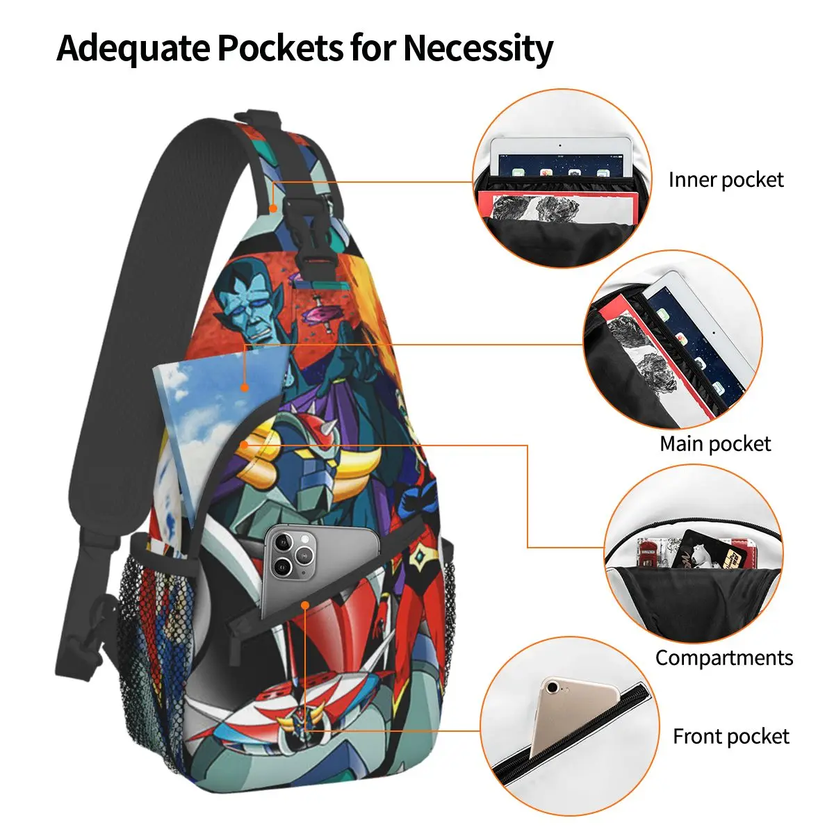 Goldorak Grendizer Robô Crossbody Sling Sacos, Saco Peito Pequeno, Anime Xadrez, Mochila De Ombro, Mochila, Viagem, Caminhadas, Mochila De Bicicleta