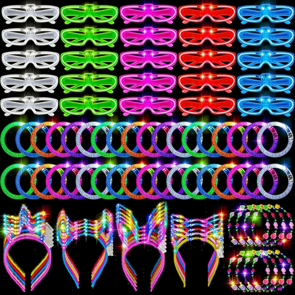 120 Pcs Glow in the Dark Party Supplies Include 40 LED Glasses 40 LED Bracelet 8 Flower Crown 32 Headband