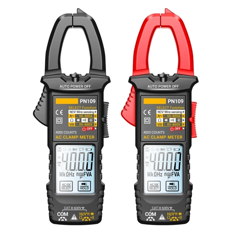 PN109 Tester 4000 Count Multimeter Clamp Meter with Backlit Buzzer Flashlight Ohmmeter Voltmeter（Batterless）