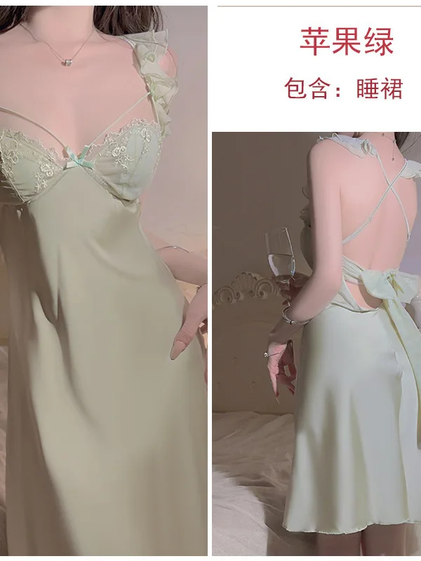 Surface Chest Satin Cushion Sweet Flying Sleeves Deep V-shaped Seductive Simple Backless Loose Middle Length Dress Elegant YKTB