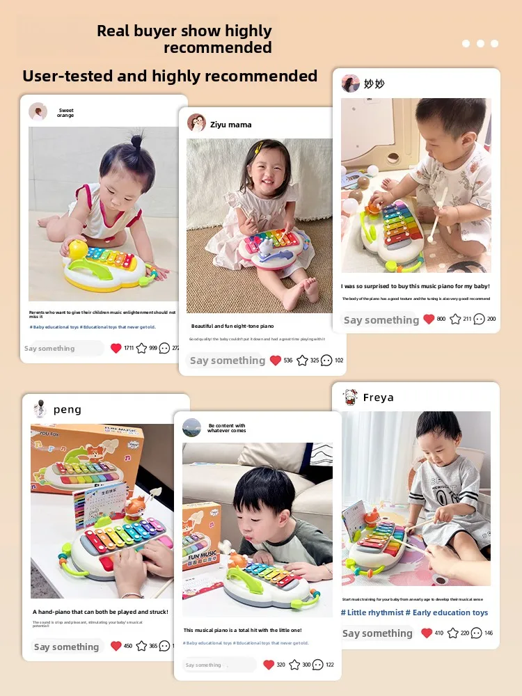 Pianoforte a percussione a otto toni Giocattolo per bambini Pianoforte educativo in legno Pianoforte a percussione a mano per bambini Strumento musicale 2 in 1