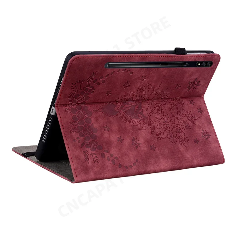 Flores Em Relevo Funda Flip Capa Do Livro, TPU Voltar Shell para Samsung Galaxy Tab S7, 11 "Tablet Case, SM-T870, SM-T875, SM-T876B