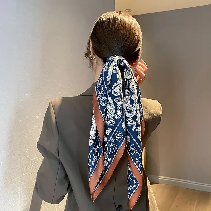 ربيع الخريف رقيقة الكورية نمط Ins مطبوعة هندسية وشاح الحرير جديد تنوعا الحجاب حقيبة التفاف وشاح حريري الزخرفية #4