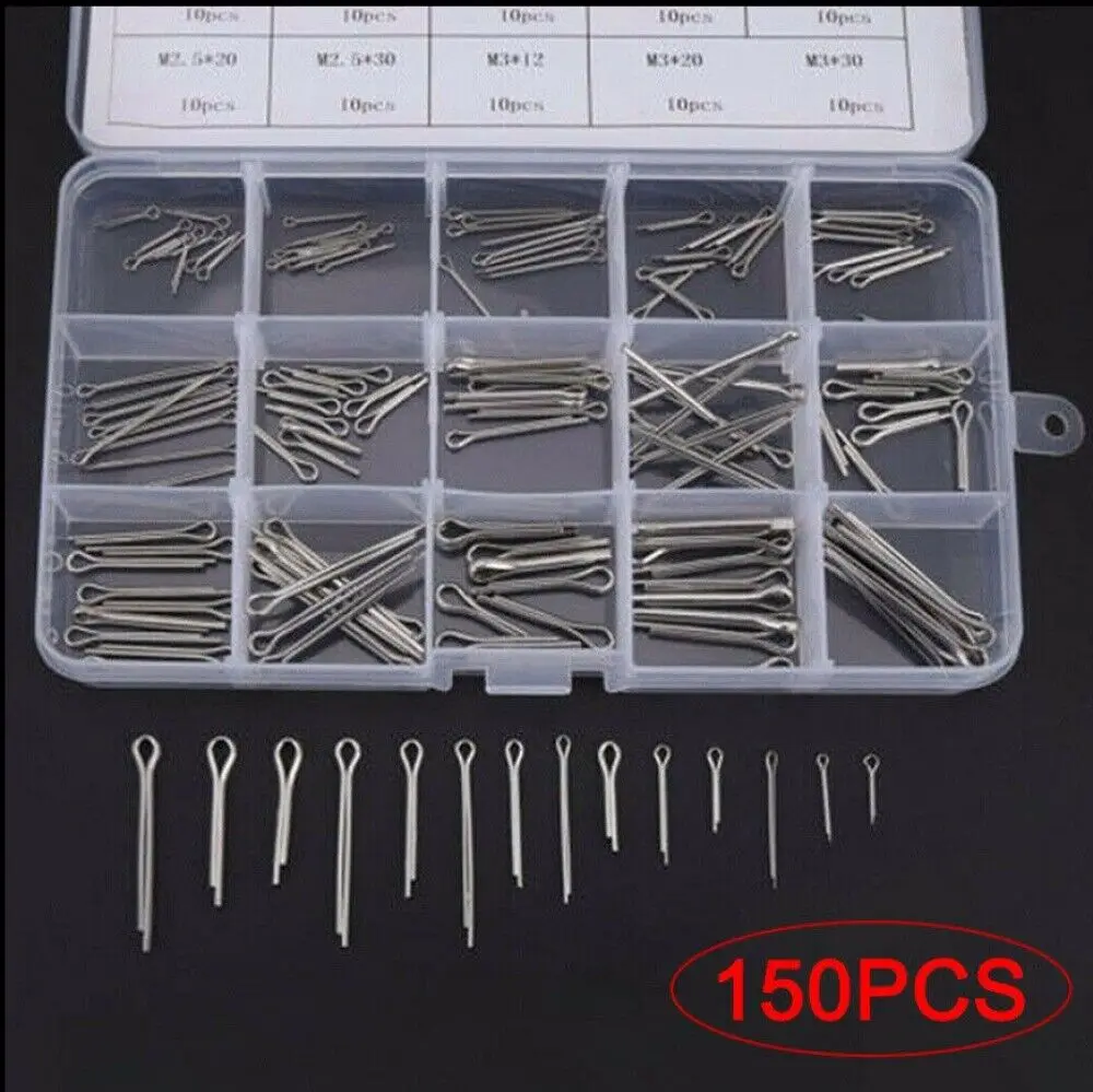 150PCS Split-Pins / Split Cotter Pins Stainless Steel A2-Marine Grade (304) +Box Steel Hard Case Link Assortment