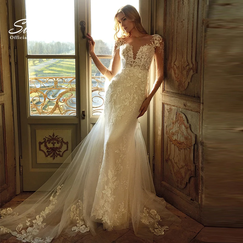 

Graceful Mermaid Wedding Dress Embroidered Lace On Net With O-Neck Shortsleeves Bridedress Backless Vestido De Novia Customized