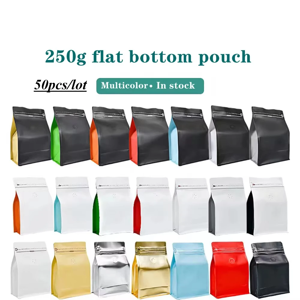 

50pcs Resealable Half A Pound 250g Coffee Beans Ziplock Bags with One Way Valve for Pet Food Powder Packaging Storage Bag