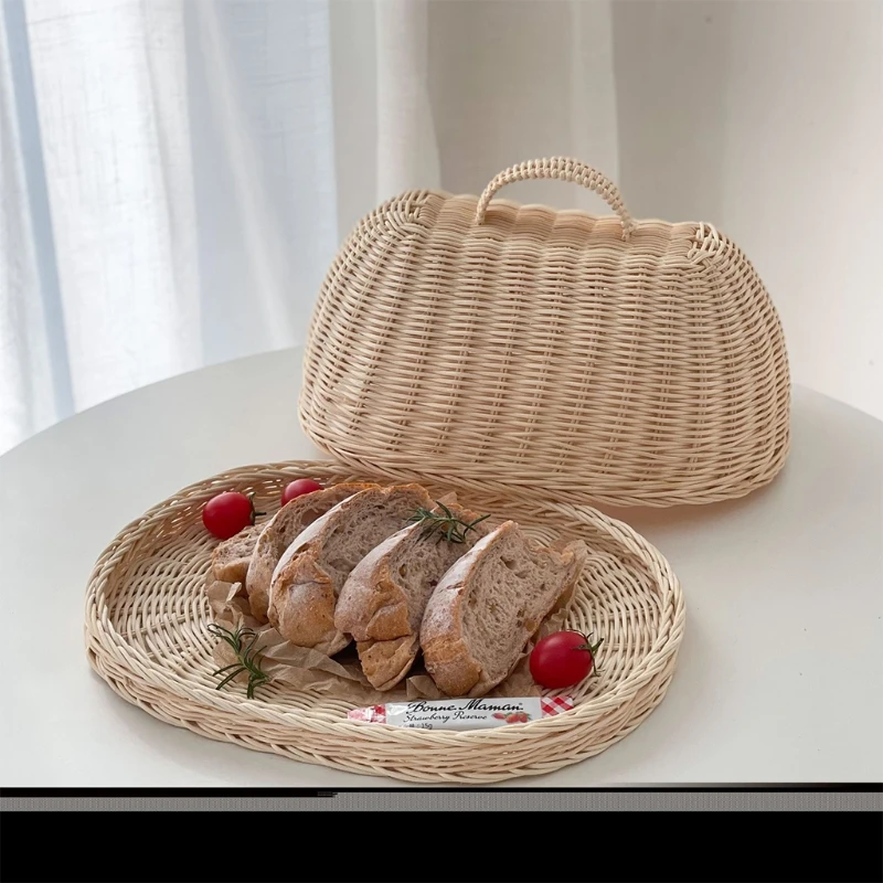 

Storage Baskets Handwoven Rattan Bread Basket Food Fruit Vegetables Serving Baskets with Dust Proof Cover Pantry for Kitchen