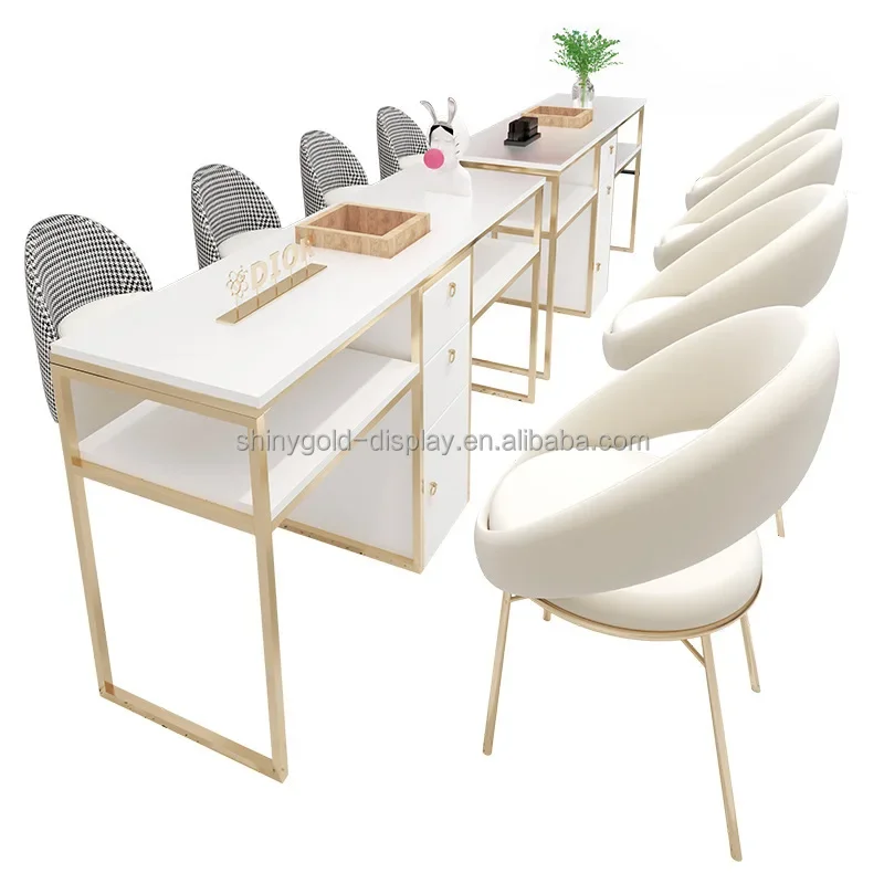 

Wholesale Beauty Salon Furniture Package Nail Bar Desk Luxury Tufted Manicure Table Metal Iron Manicure Table with Drawers Chair