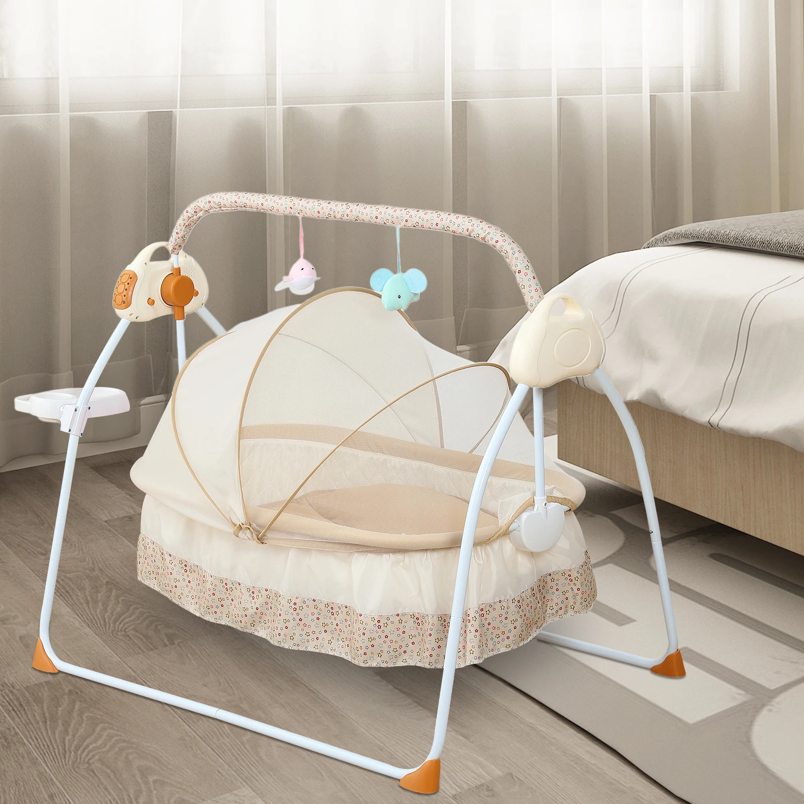 Cuna eléctrica plegable portátil para bebé, con Control remoto, soporte para biberón, estante para juguetes, mosquitera