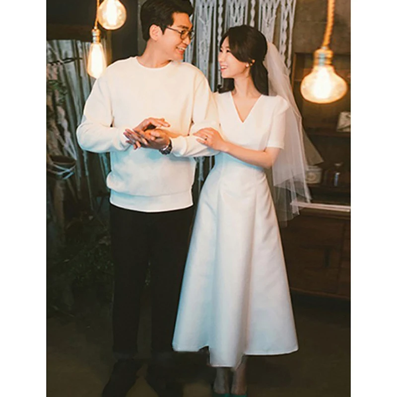 Korean Style Light Wedding Dress Satin Medium Long Short Sleeved Evening Gown Slimming and Minimalist Dress Wedding Shooting
