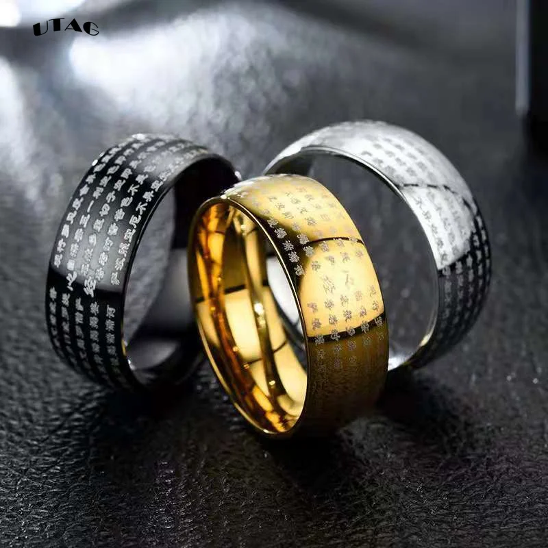 UTAG Ancient Chinese Buddhism Scripture Supernatural Mens Cool Signet Exorcism Rune Rings Stainless Thumb Buddha Ring