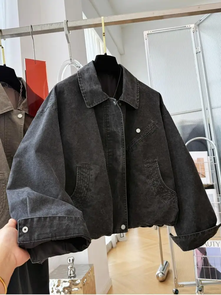 Women Vintage Cropped Cargo Jacket 2026 New Korean Style Distressed Casual Short Outerwear Fashion Ladies Daily Wear Coat Tops