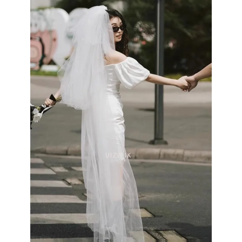 Simple Short Wedding Dresses Women White A-line Mini Bridal Gown Elegant Off the Shoulder Short Sleeves Formal Occasion Dress