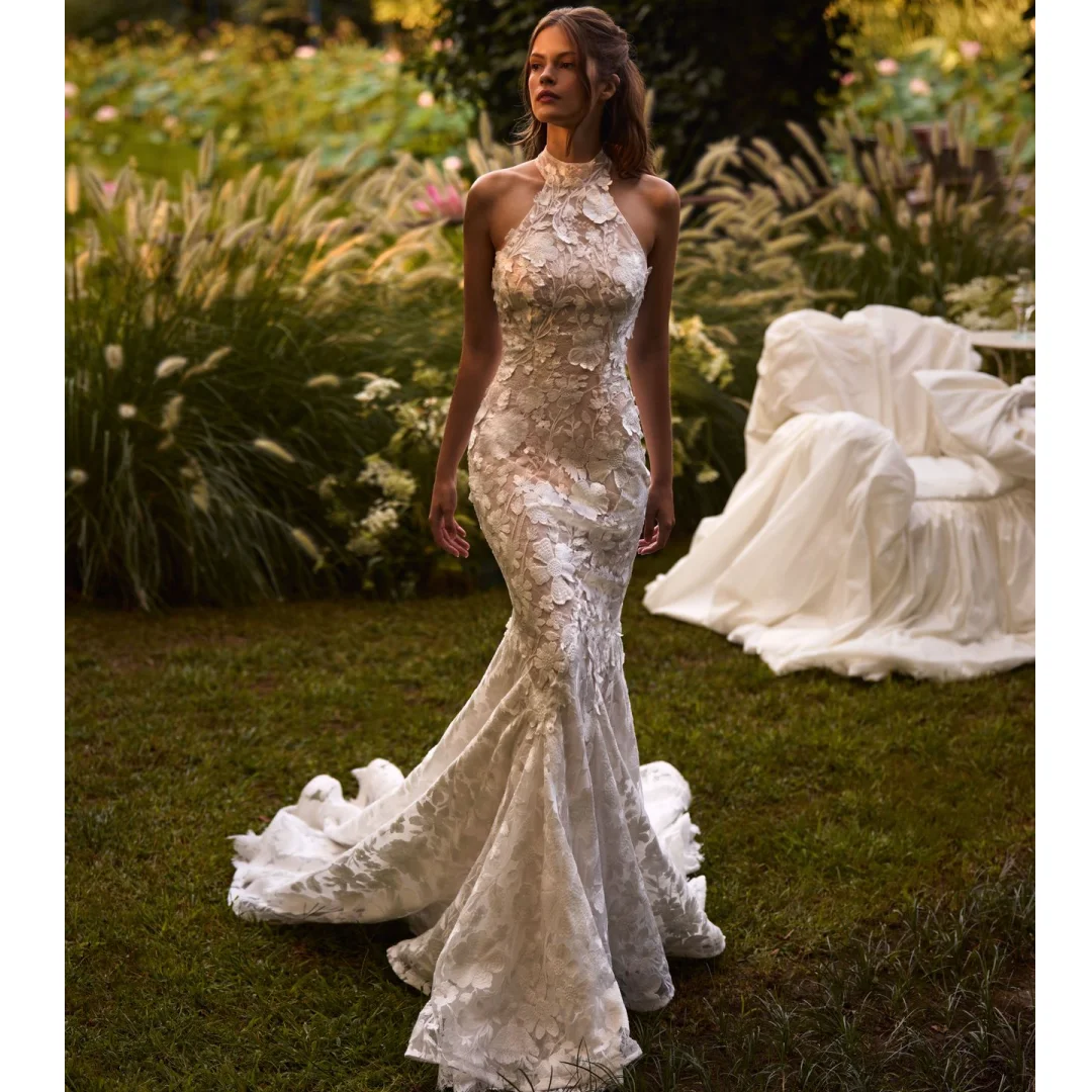 

Mermaid Wedding Dresses for Brides Halter Neck Lace Vestido de Novia Sexy Backless Robe De Soirée Customized Party Dress