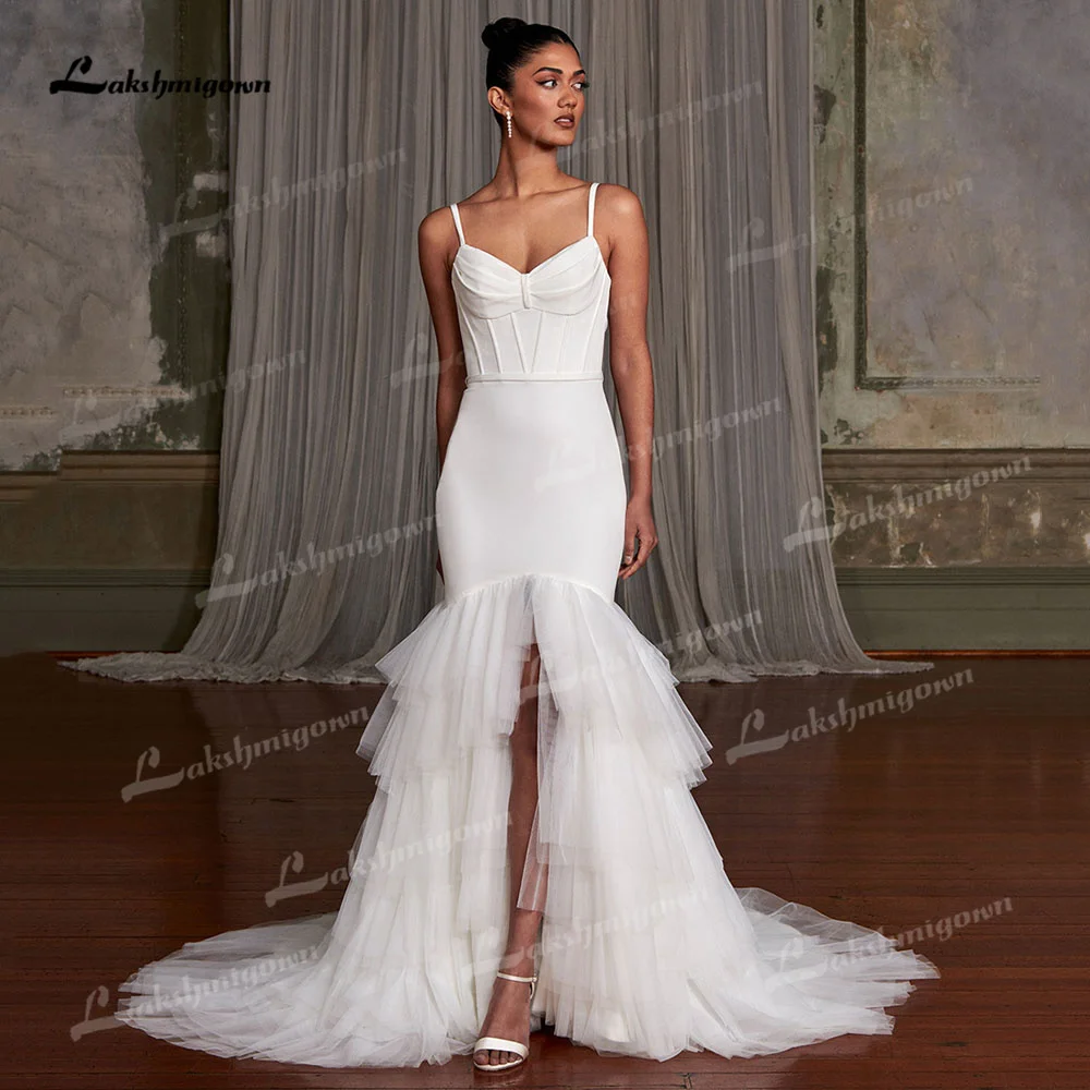 Royce Classic Spaghetti Strap Backless Pleat Mermaid Wedding Dress Sleeveless High Slit Floor Length Sweep Train Bride Gown