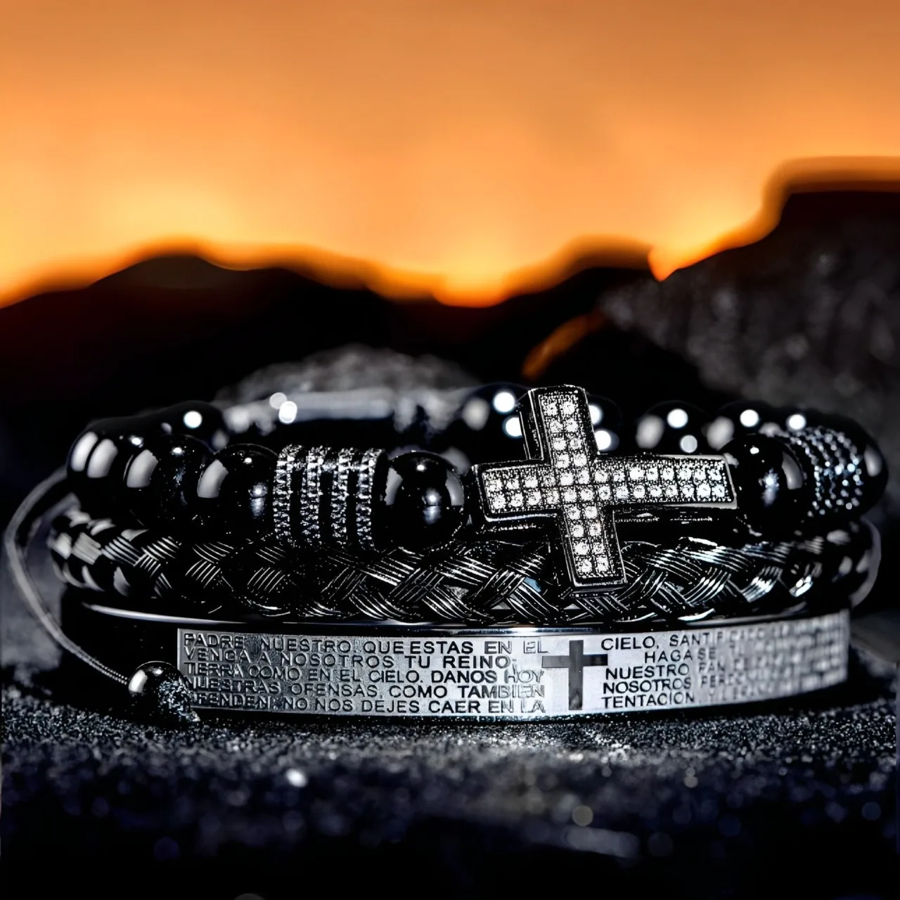 Pulsera vintage con cuentas de ónix negro para hombre con cruz de circonita sintética, versículos de la Biblia, pulsera de acero inoxidable, joyería religiosa