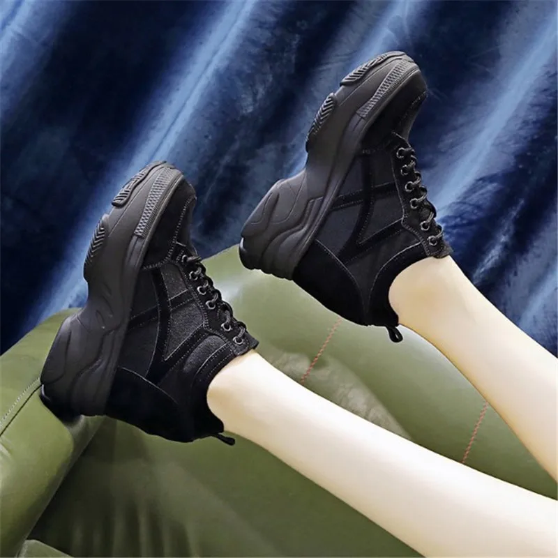 Baskets en cuir à plateforme pour femmes, chaussures noires décontractées, talons de 11CM, respirantes, rehaussantes, nouvelle collection automne