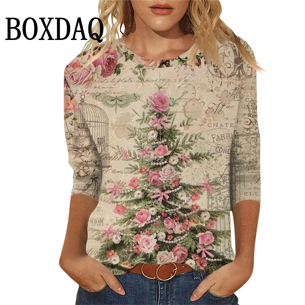 Y2k Fashion Christmas Tree Print Women's T-Shirt Long Sleeve Flower Vintage Casual Loose Shirt 2024 New Women Tops Autumn Winter