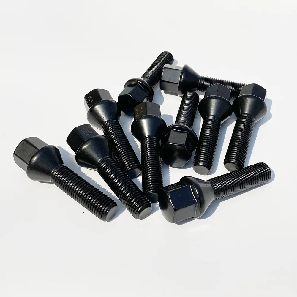 10pcs Black/silver Cone Shape Tapered Wheel Bolt Locking Screws M14 X 1.25 M12 X 1.5 M12 X 1.25 M14 X 1.5 For BMW Golf