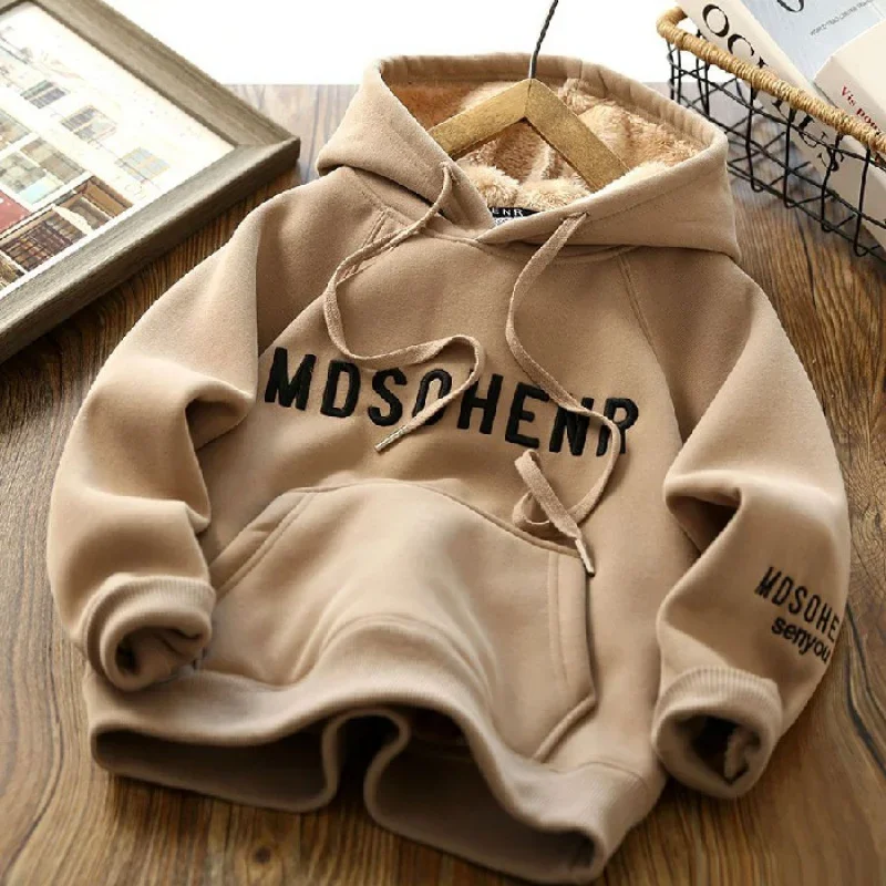 Winter Kids Thick Sweatshirt Clothes Autumn Boys Girls Lamb\'s Wool Padded Warm Hoodies Big Children Letter Print Pullover Tops