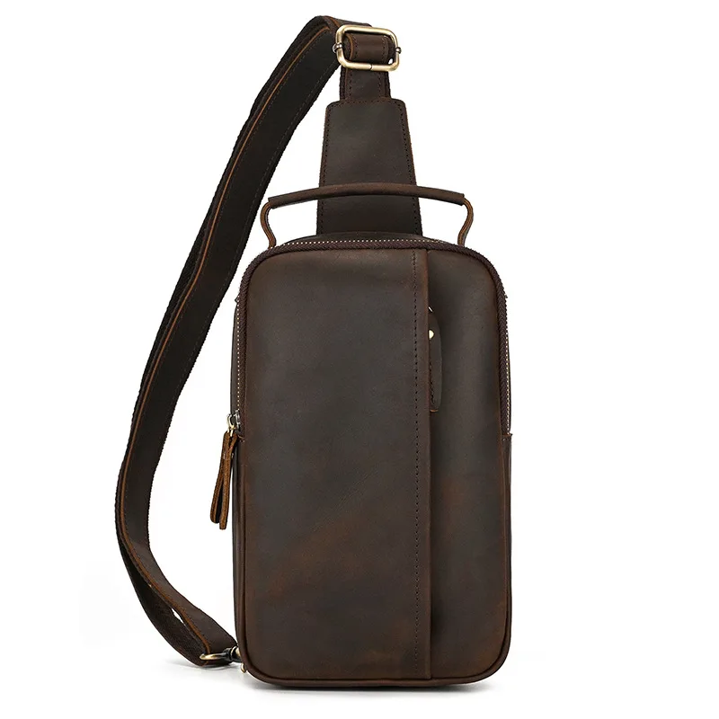 Mens Crazy Horse Leather Chest Bag Top Cowhide Crossbody Outdoor Commuter Lightweight Mobile Phone Storage Single Shoulder Pouch