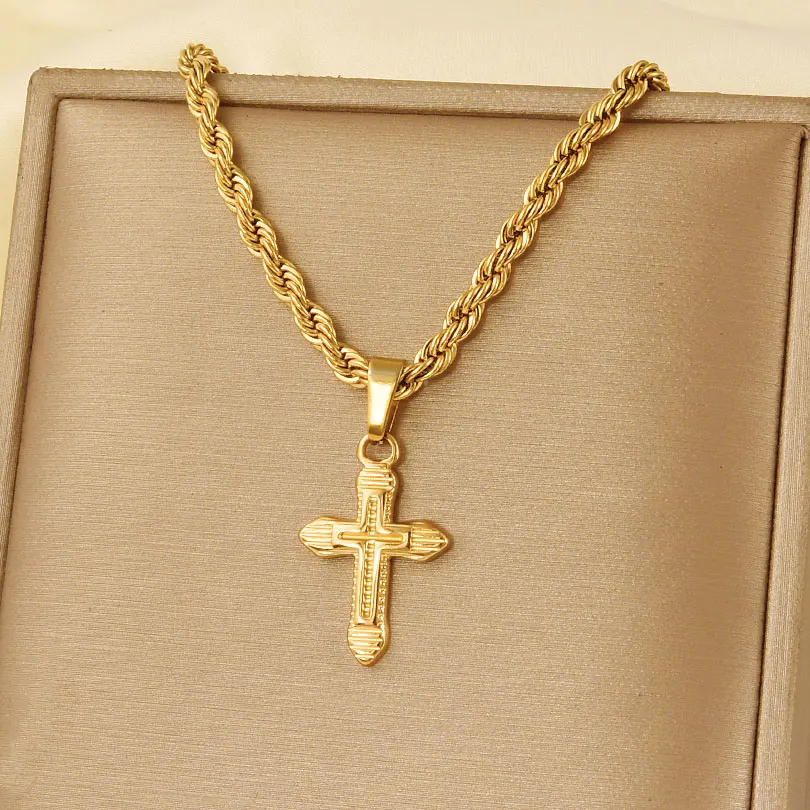 Hombre Gold/Silver Color Stainless Steel Cross Pendant Necklaces For Women Men Accessories Fried Dough Twists Chain Neck Jewelry
