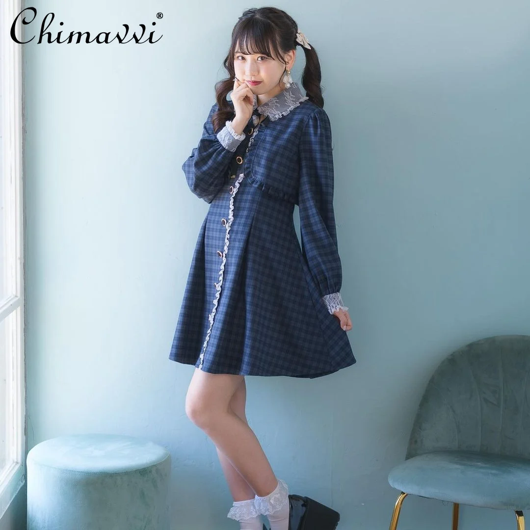 

Sweet Girl Dress 2024 Autumn New Japanese Fashion Long-sleeved Cute Ribbon Bow Lapel Slim Temperament Lolita Short Dress Women