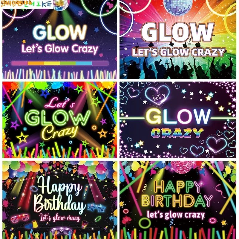 

Lets Glow Crazy Party Backdrop Disco Birthday Decoration Kids Boy Girl Neon in The Dark Photo Booth Background Photography FF-01
