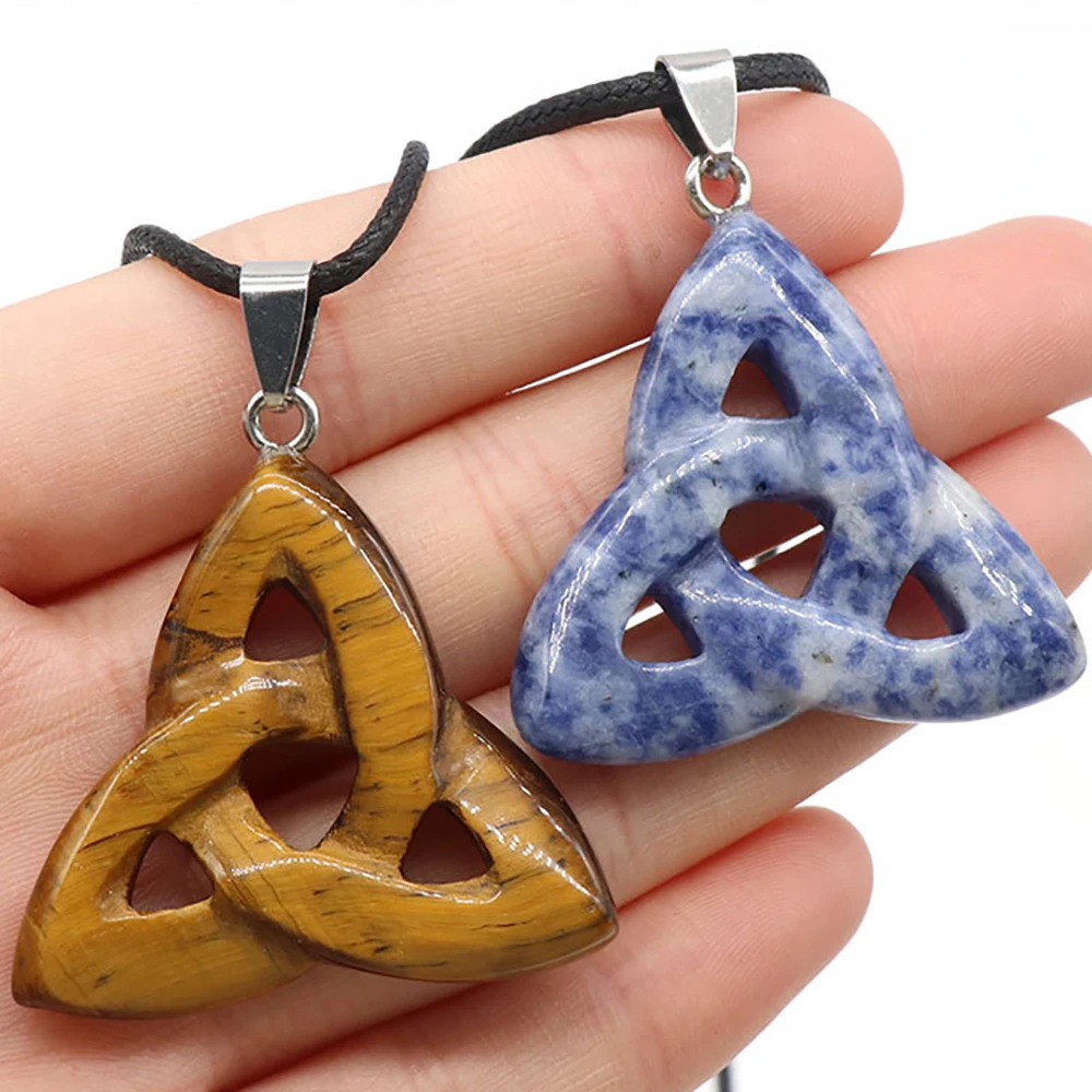 Подвески из натуральных драгоценных камней, ирландский кельтский узел, треугольная форма, рейки, исцеление, тигровый глаз, синее пятно, цепочка из искусственной кожи, ожерелье, амулет, счастливые кристаллы