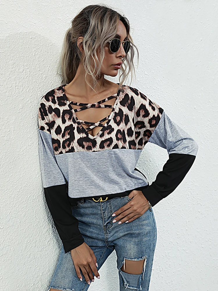 JIM & NORA donna autunno donna donna stampata Patchwork Lrregular Leopard Harajuku camicia per il tempo libero t-Shirt a maniche lunghe top 2023