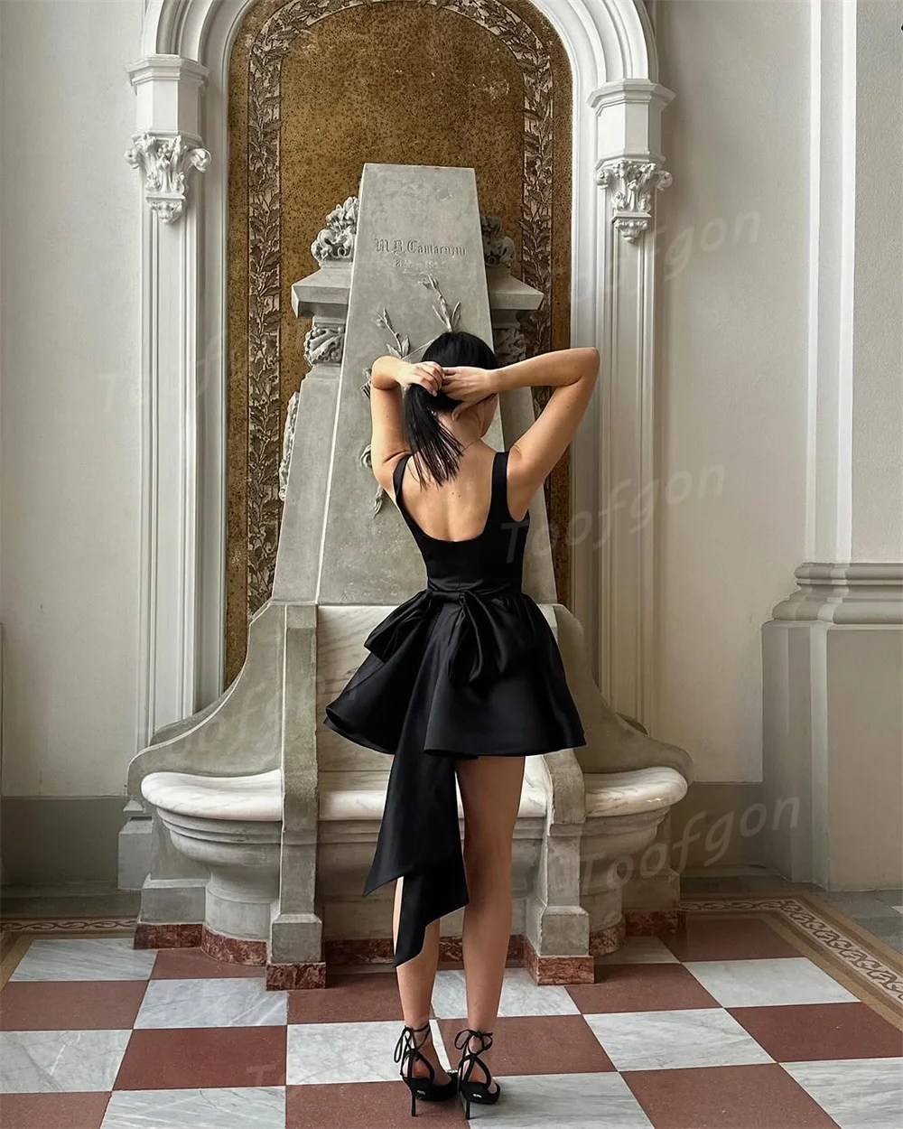 Toofgon U Neck Black Short Mini Evening Dresses Customized Satin A Line Wide Strap Prom Dress Women Above Knee Formal Party Gown