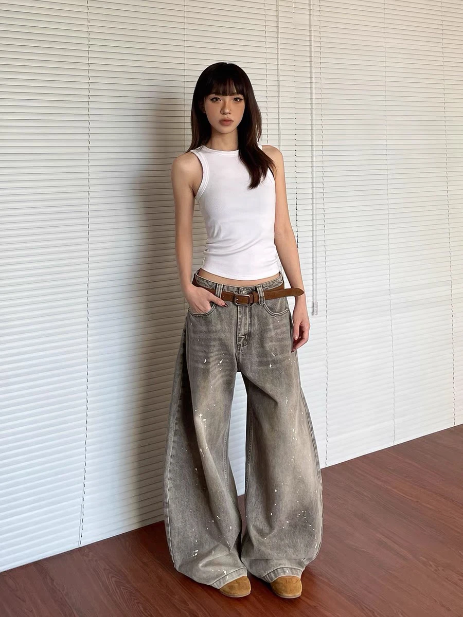 Retro American Waed out Knife  Denim Jeans Men's Women's Clean Fit Design Sensation Versatile Long Pants High Waist Str...