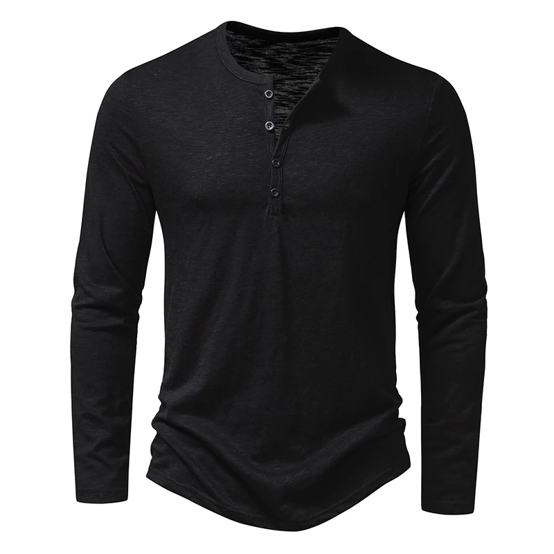 Herfst Nieuwe High-End Heren Katoenen Knoop Henley Hals T-Shirts Mode Effen Kleur Lange Mouw T-Shirt Casual Knoop Top T-Shirts