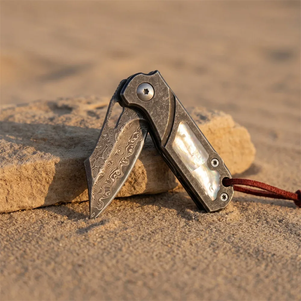 Damascus Pattern Steel Mini Pocket Knife, 420 Steel Frame with Mother‑of‑Pearl Inlay Handle, Portable Outdoor Utility EDC Knife