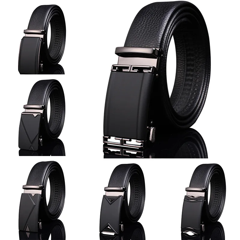 2023 New Automatic Belt Buckling Genuine Leather Men Business Travel Waist Cover Black Litchi Pattern Luxury Designer Pants Belt