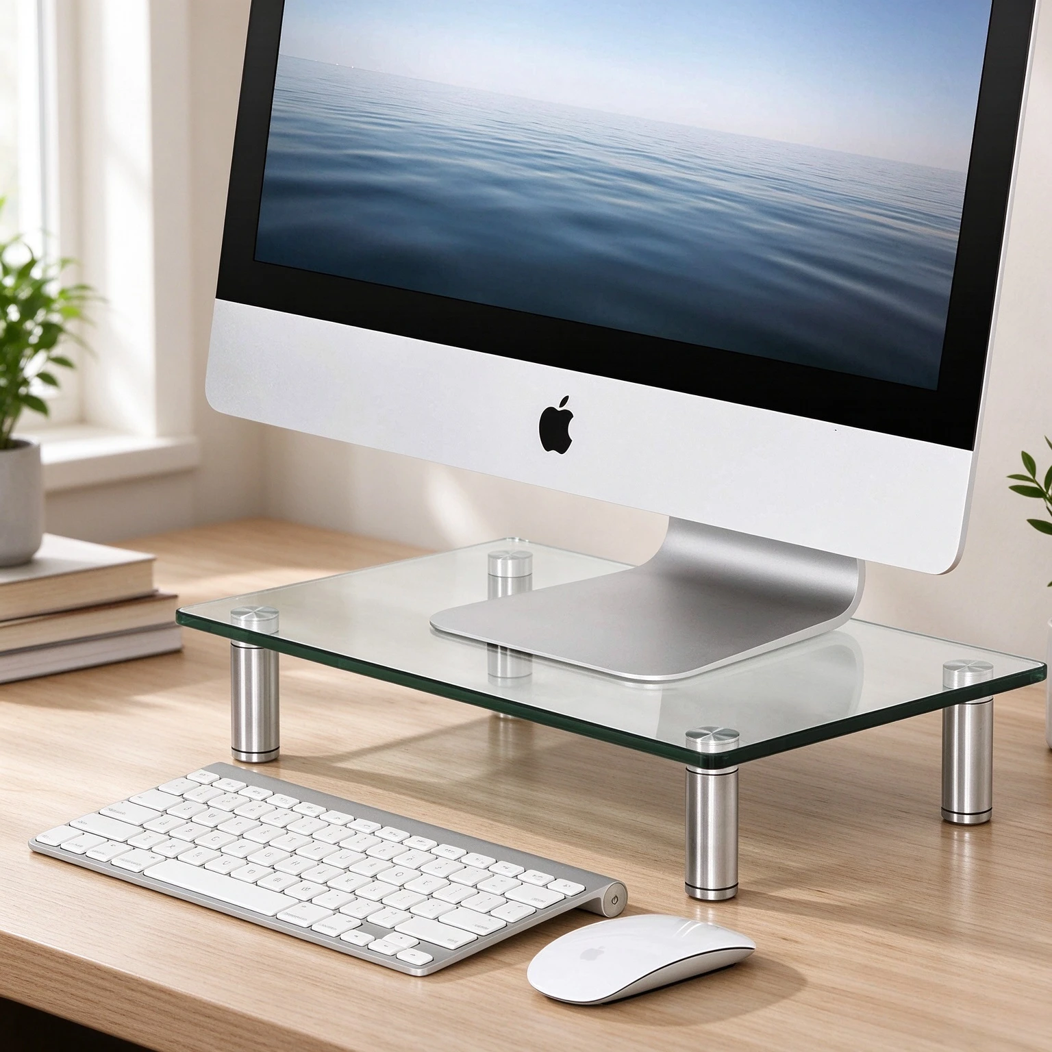 Height Adjustable Tempered Glass Monitor Riser, Threaded Lift Supports, Smooth Rounded Corners, Non Slip Base Pads for Desks