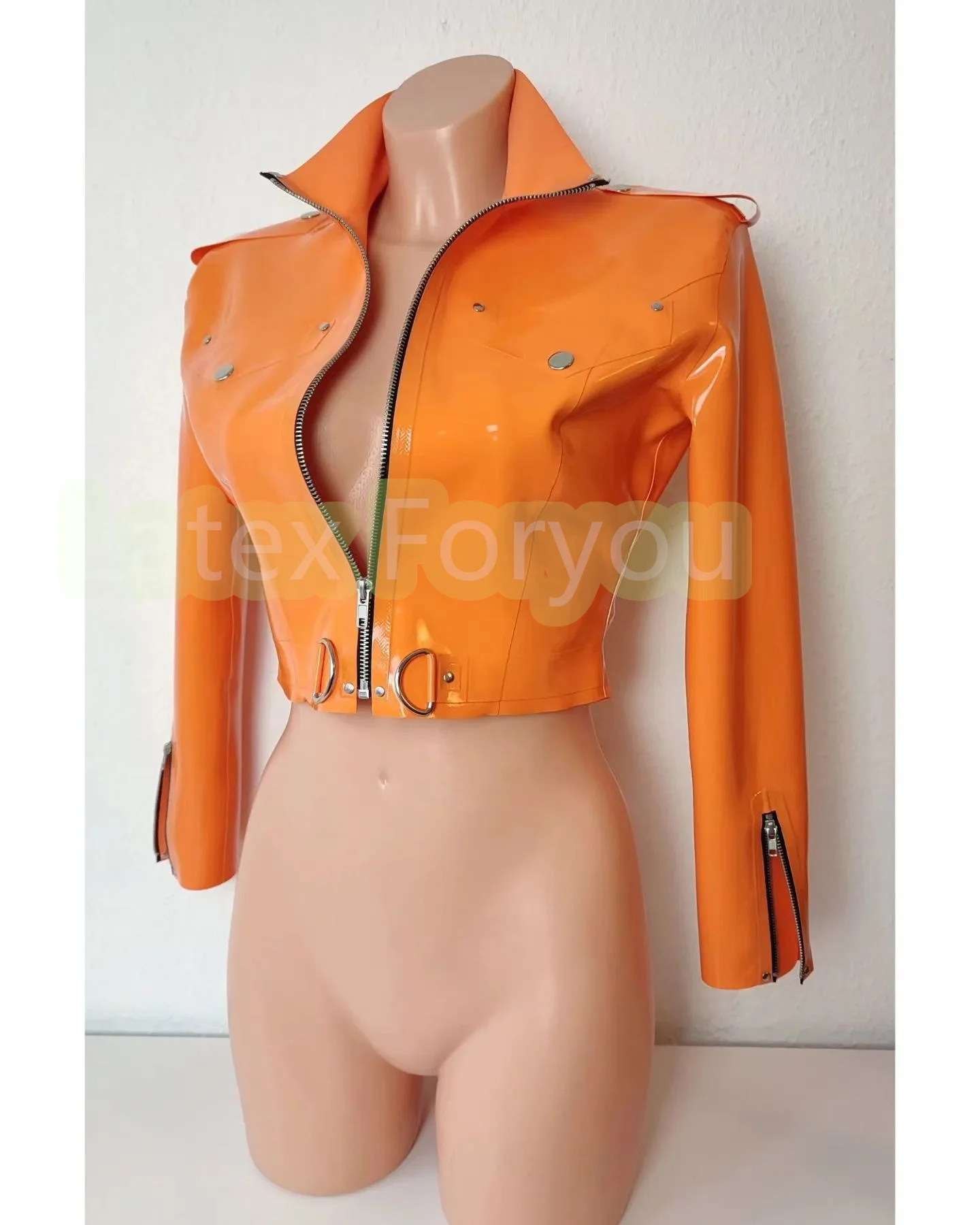 Sexy Natural Latex Woman Coat Rubber Long Sleeve Top Shirt with Front Zipper Rubber Woman Jean Top High Collar