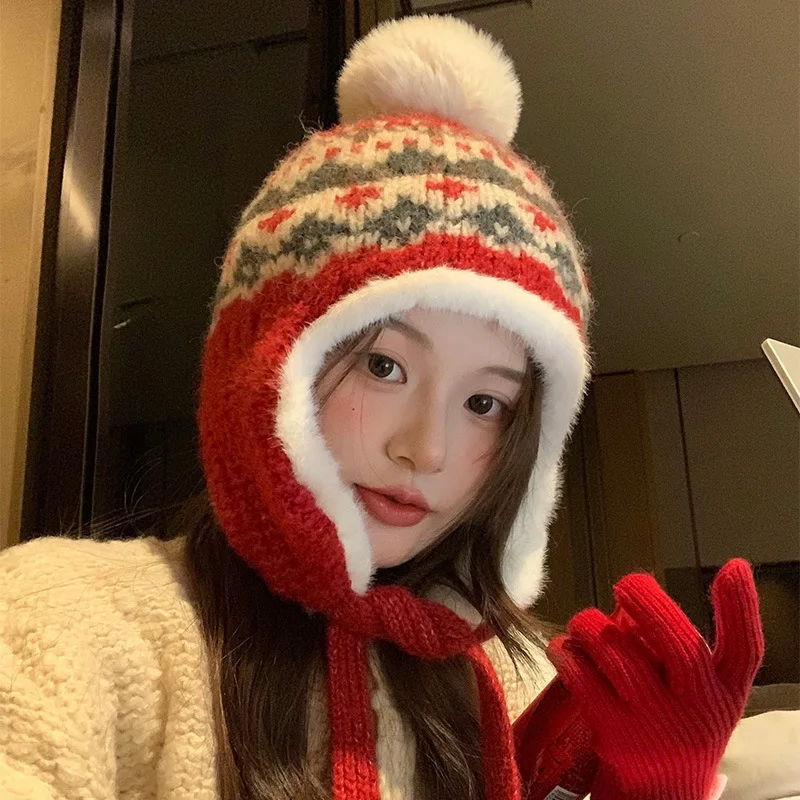 

Korean Winter Velvet Jacquard Plush Lei Feng Hat Outdoor Thickened Thermal Ear Protection Ski Riding Knitting Women Bomber Hats