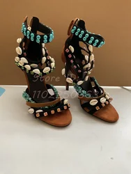 Novelty Shells Strappy Stilettos Sandals Crystal Round Open Toe Back Zipper Thin High Heeled Pumps 2024 Women Fashion Shoes