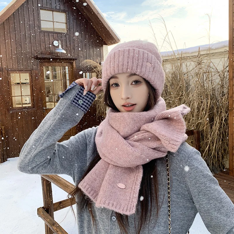 Комплект из 2 предметов, женские зимние шапки, шапки и длинный шарф, женский зеленый, розовый, хаки, зимняя шапка, шарф, комплект женского