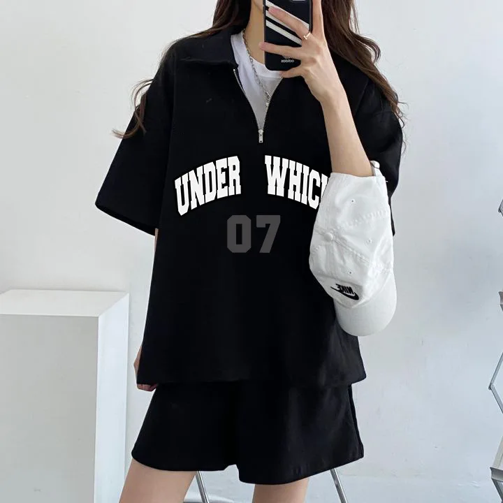 

2025 Summer Two Piece Outfits Harajuku Letter Print T-shirts Shorts Set Korea Fashion Ladies Solid Color Suits Top Shorts Combo