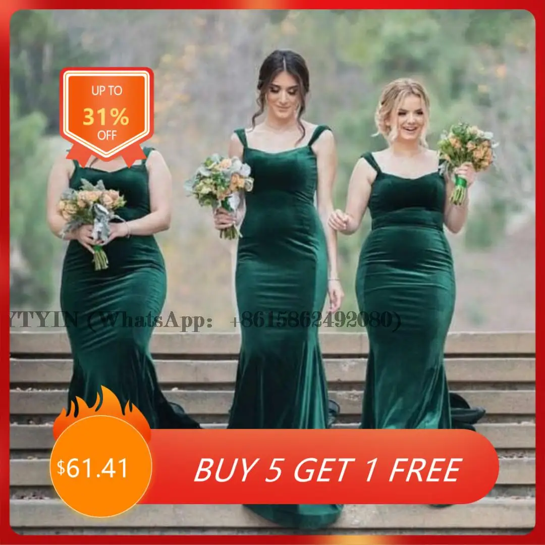 

Women's Green Velvet Bridesmaid Dresses Mermaid Regular Straps Sweetheart Sweep Train Evening Dress