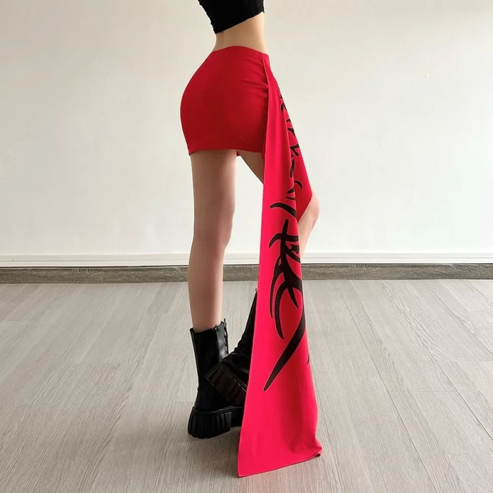 SylCue Fashion Print Mini Skirts Women Summer Trend High Waist Long Ribbon Skinny Stretch Fashion Versatile Style Streetwear