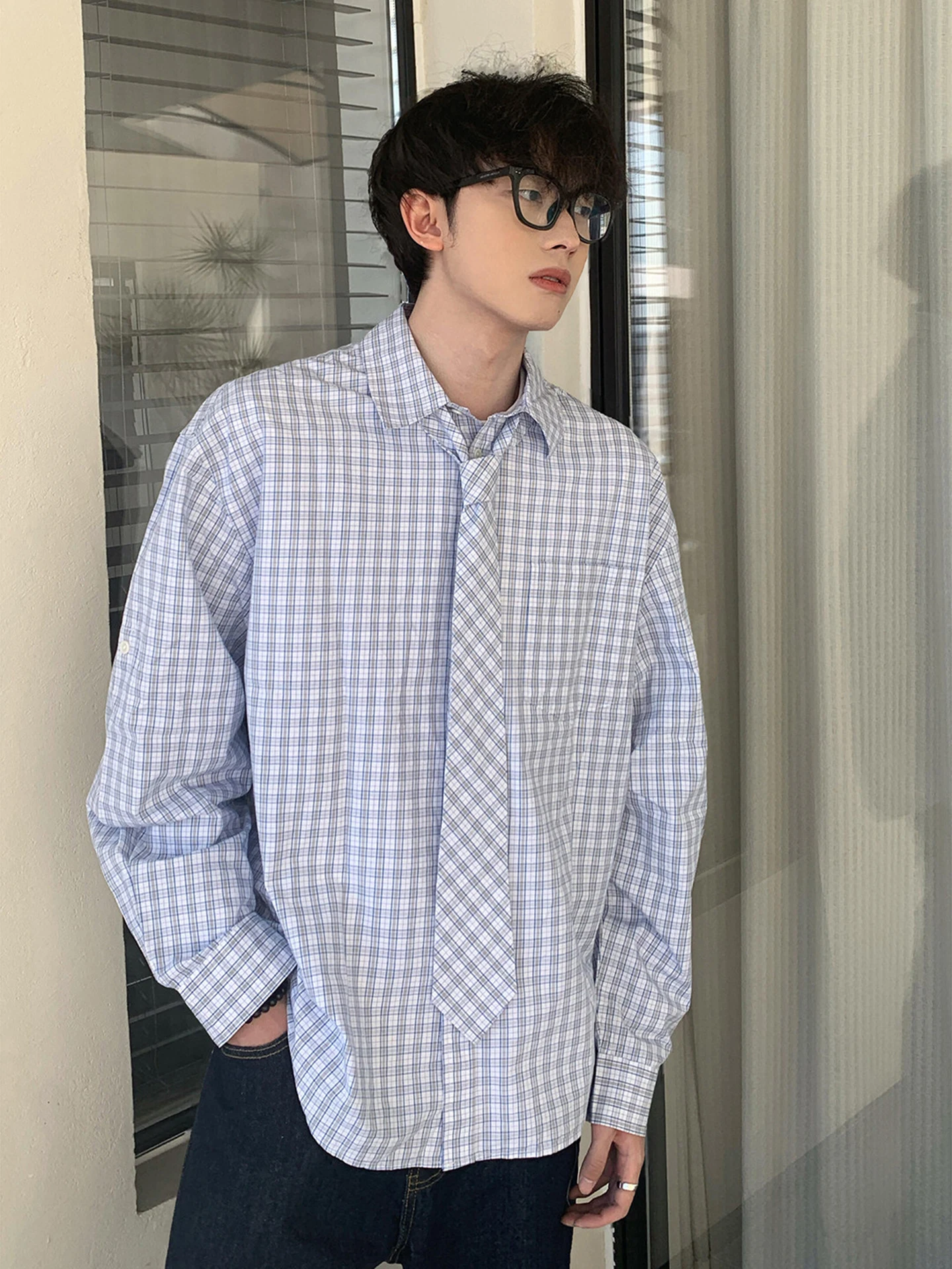 

Light Blue American Plaid Men's Long Sve irt Spring Autumn Sli Inner Wear Layering Cardigan Outerwear