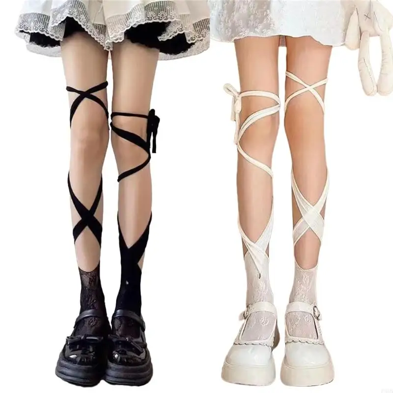 

P88B Womens Socks Long Socks Summer Bandage Calf Socks Hollow Out Lace Stockings