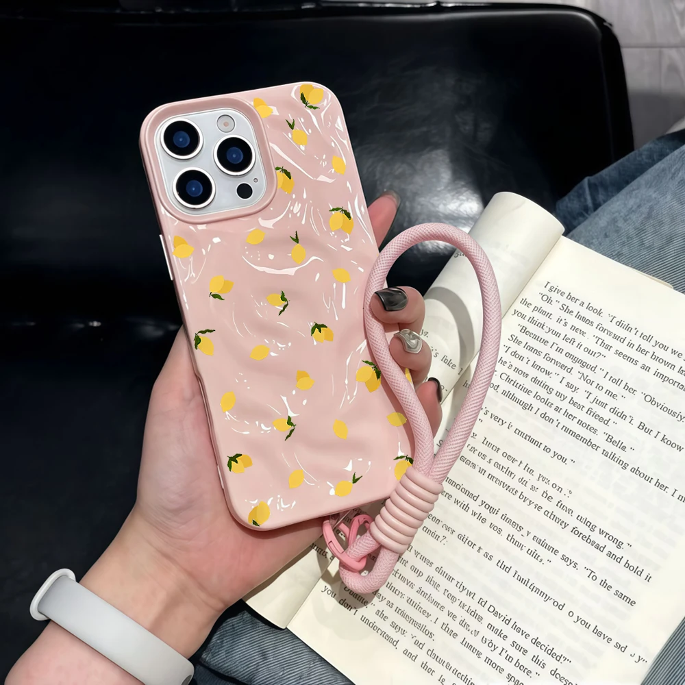 Minimalistische Zitronen-Falten-Silikon-Handyhülle für iPhone 17 15 13 11 12 14 16 17 Pro Max 14 15 16 Plus 17Air mit Lanyard-Abdeckung – Detail 3