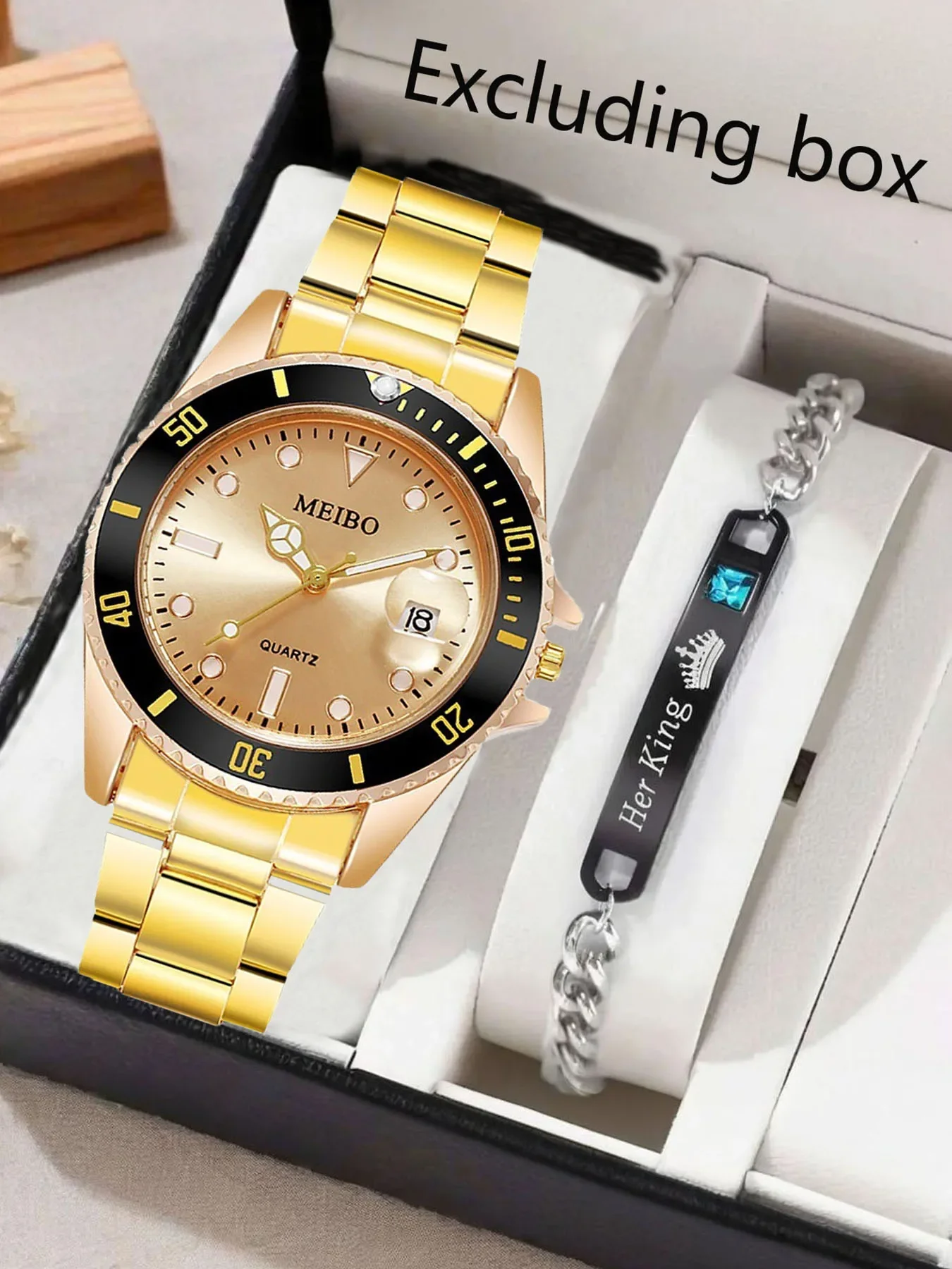 

1 шт. мужские часы со стальной полосой, кварцевые часы, модные мужские часы из сплава, золотые и 1 браслет с короной