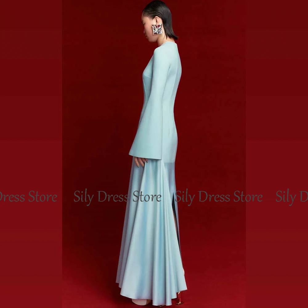 فساتين بسيطة للمناسبات الخاصة من الساتان والجيرسي على شكل حرف a فستان حفلات الكوكتيل أزرق سماوي ورقبة دائرية وسحاب مكشكش للسيدات #2