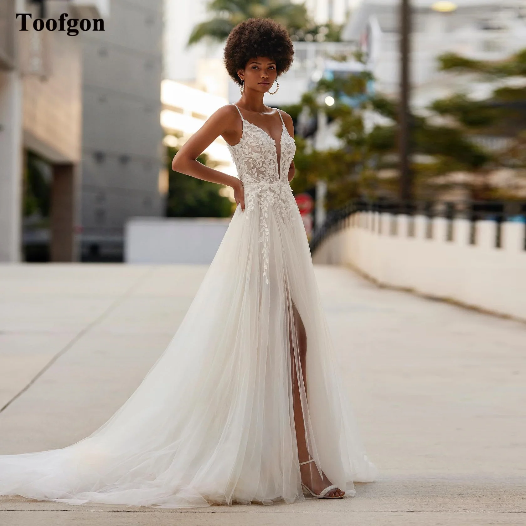 Toofgon-Vestidos Boho Simples para Mulheres, Apliques de Renda, Sem Costas, Alta Divisão, Noiva Praia, Vestidos De Casamento, Vestido De Noiva Formal